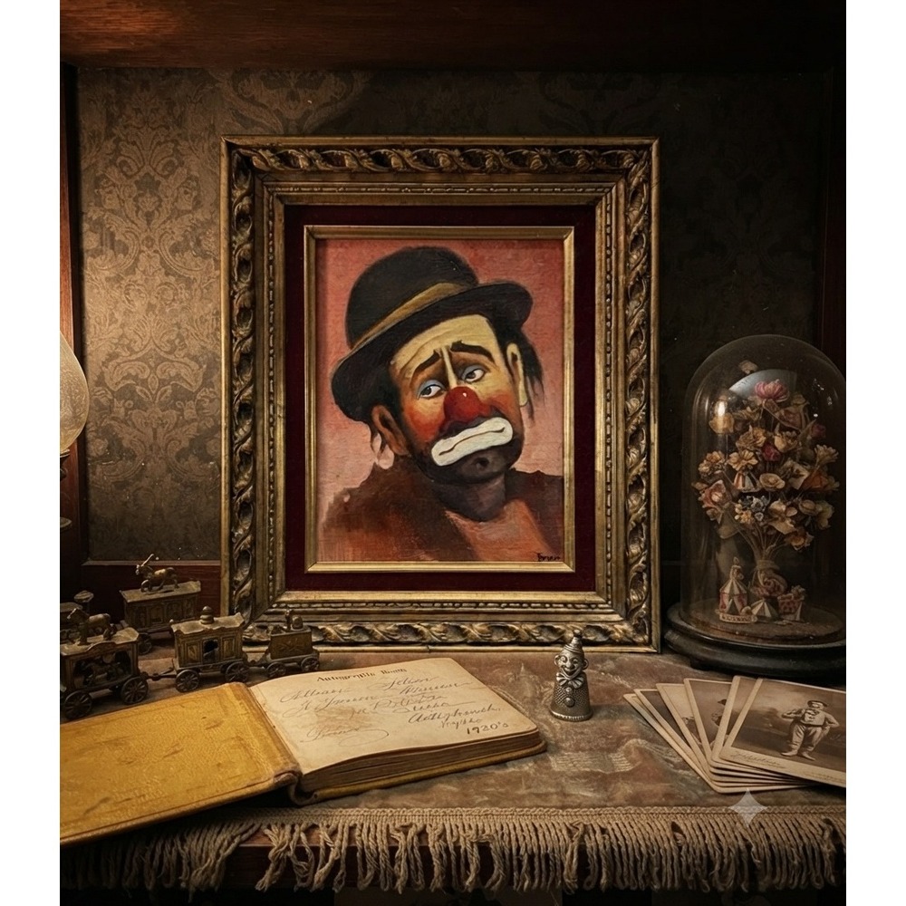 Vintage 1960s Brodie Signed Sad Hobo Clown Oil Painting Ornate Gold Frame 15x13